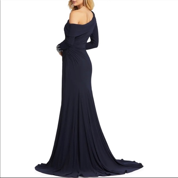 NEW MAC DUGGAL One Shoulder Midnight Blue Long Sleeve Jersey Gown size 6 - Picture 2 of 10